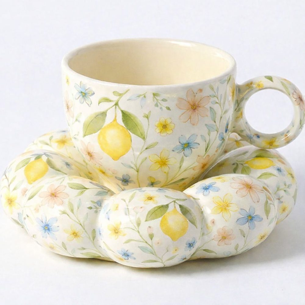 Floral lemon-print ceramic cup and saucer
